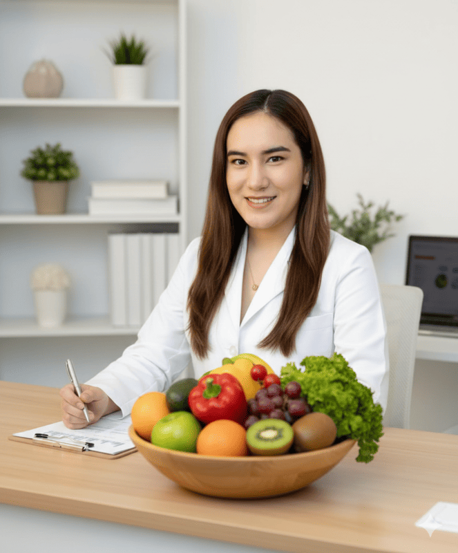 nutriologa Jocelyn Alvarado en su consultorio con alimentos dando consulta nutricional personalizada en León