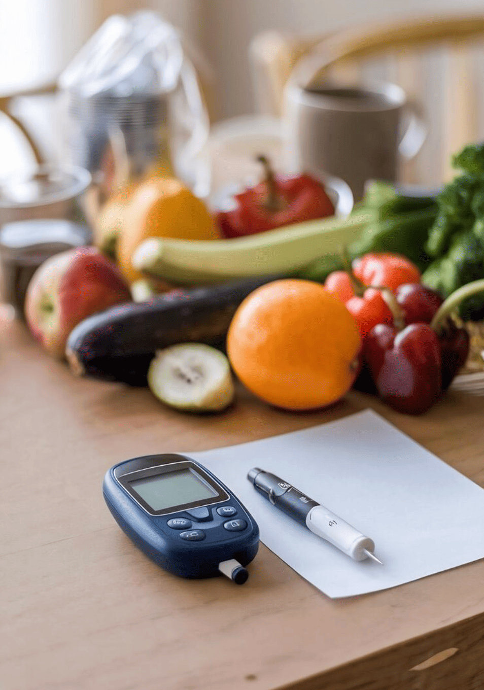glucómetro con frutas para paciente con diabetes